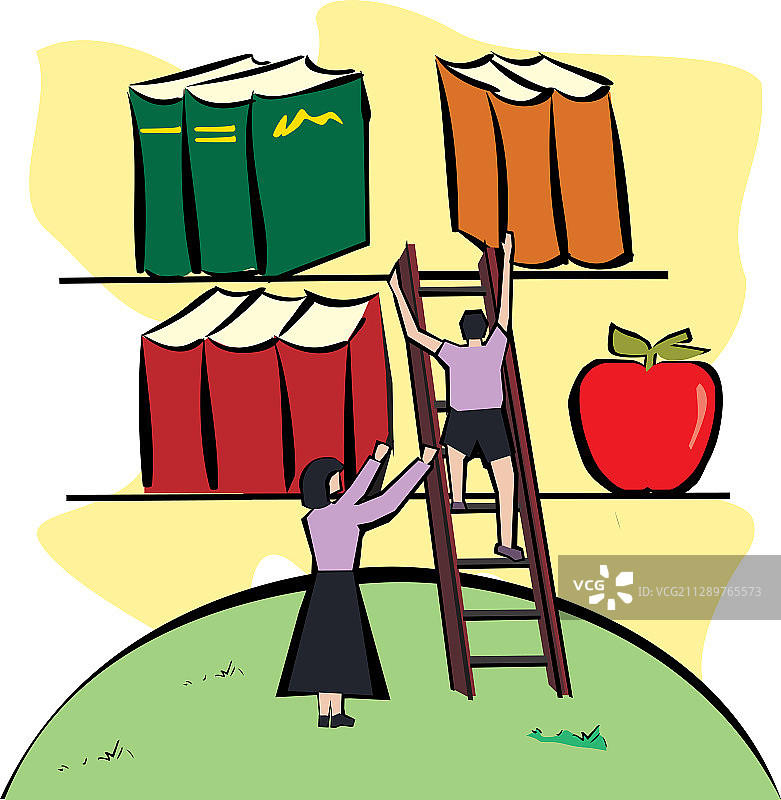 男孩爬梯子取书插画图片素材