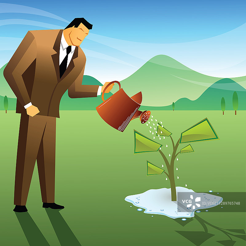 给摇钱树浇水的商人，插图图片素材