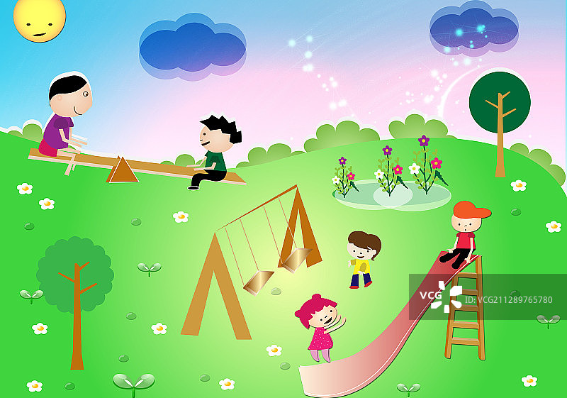 公园里玩耍的孩子们，插画图片素材