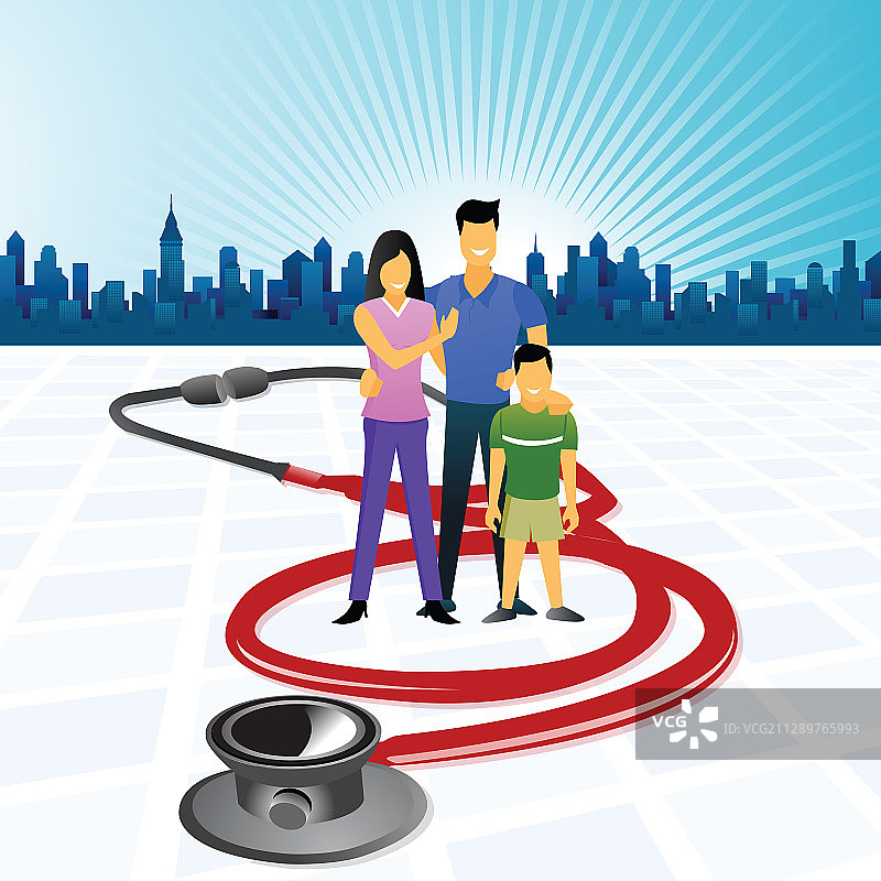 一家人和听诊器，插画图片素材
