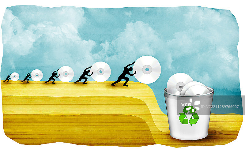 五个人将光盘扔进垃圾箱插画图片素材