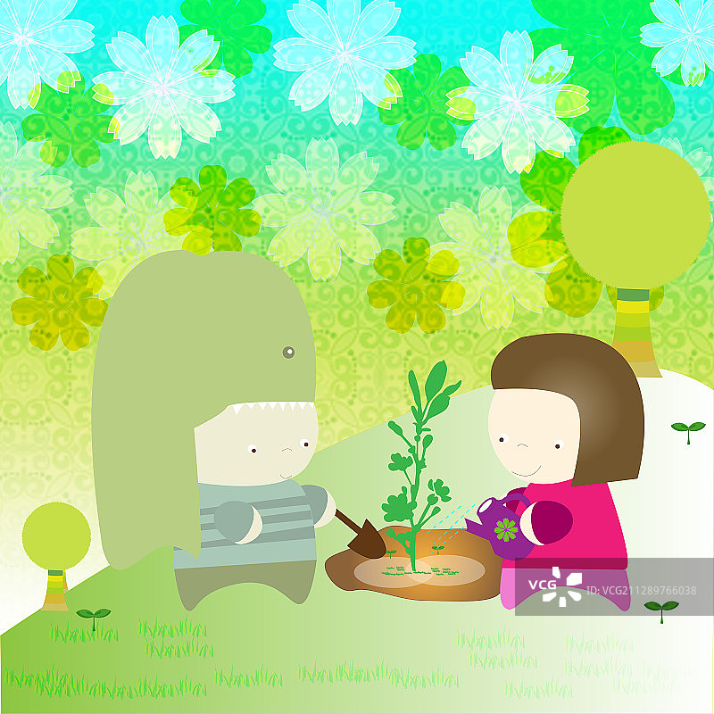 女孩用洒水壶浇花插画图片素材