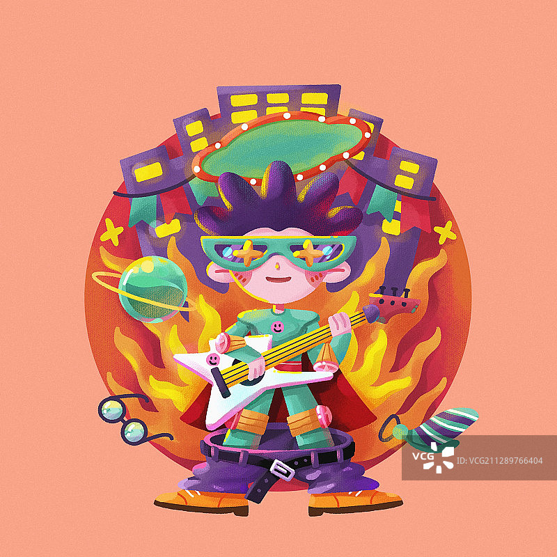 摇滚男孩玩电吉他插画图片素材