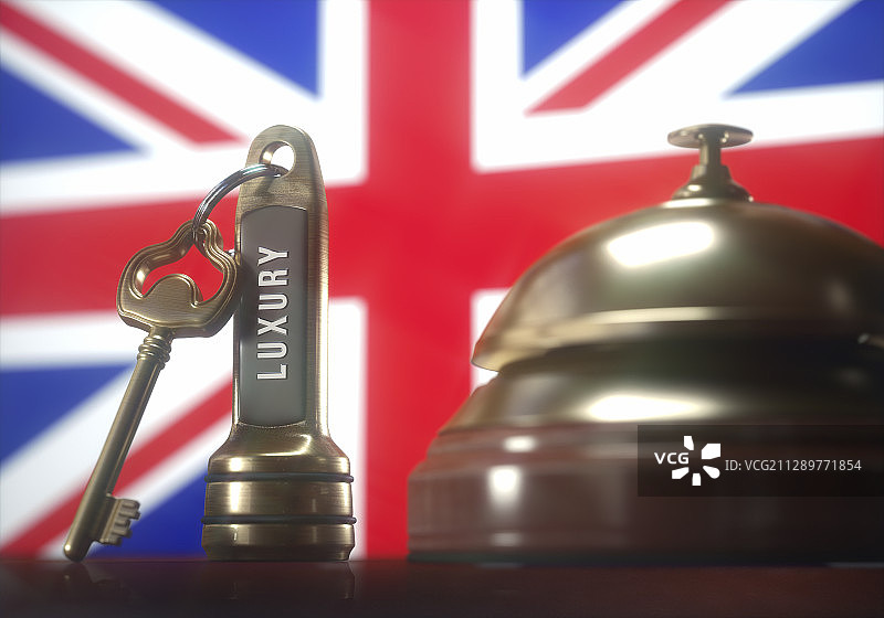 带英国国旗的酒店钥匙和铃铛插画图片素材