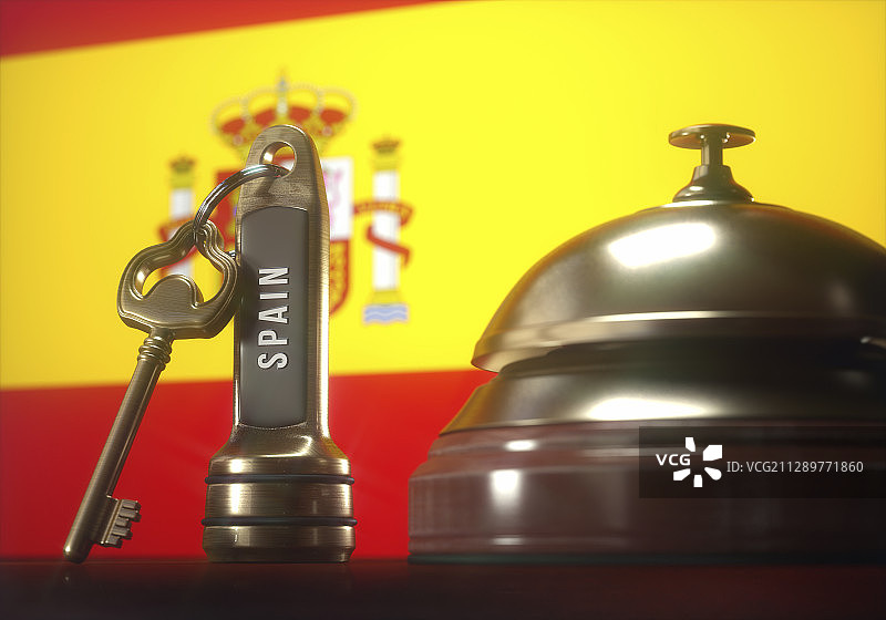 带有西班牙国旗的酒店钥匙和门铃插画图片素材