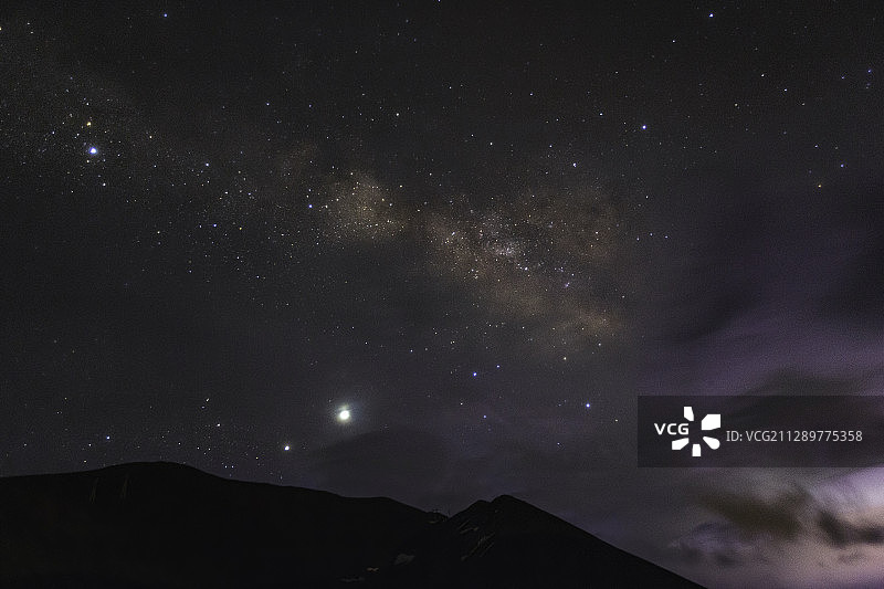 狂风闪电夜，星河迷离时。银河与闪电同框在完全无光的那根拉山口图片素材