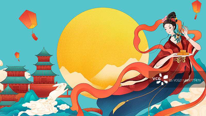 中秋节青山祥云宫殿嫦娥奔月国风插画图片素材