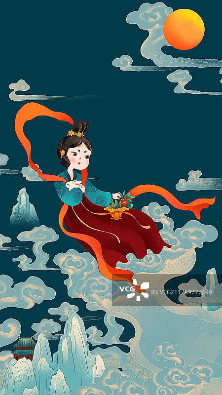 中秋节青山祥云抱兔嫦娥奔月国风插画图片素材