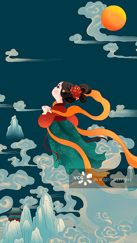 中秋节青山祥云抱兔嫦娥奔月国风插画图片素材