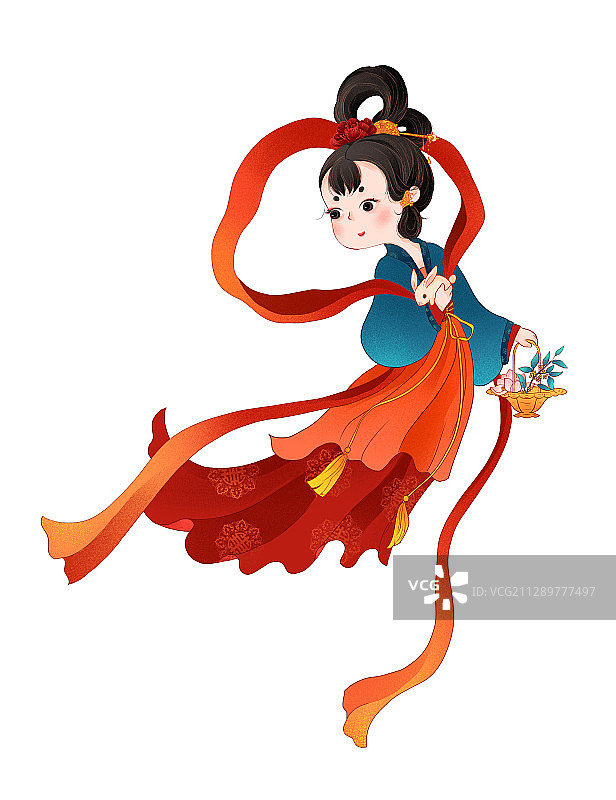 中秋节抱玉兔拎花篮的飞天嫦娥插画图片素材