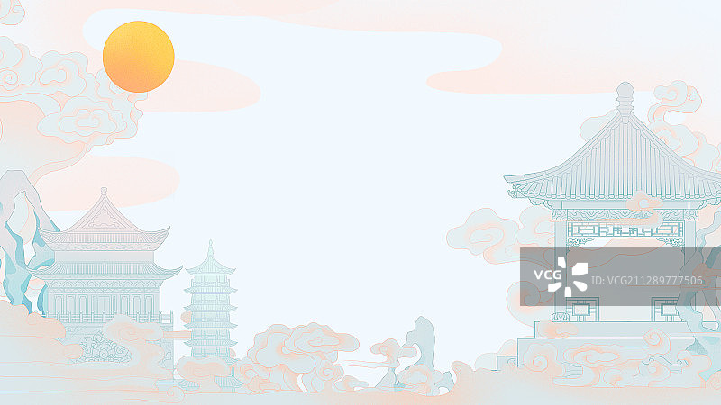 中秋节祥云月宫宫殿假山云雾国风插画图片素材