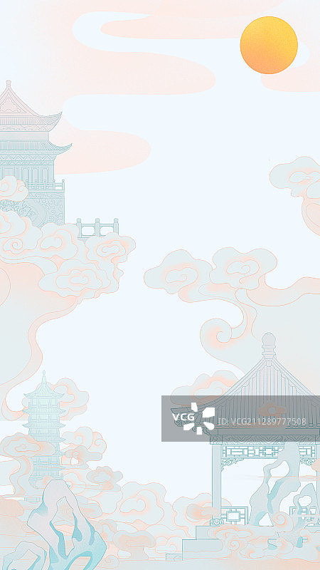 中秋节祥云月宫宫殿假山云雾国风插画图片素材