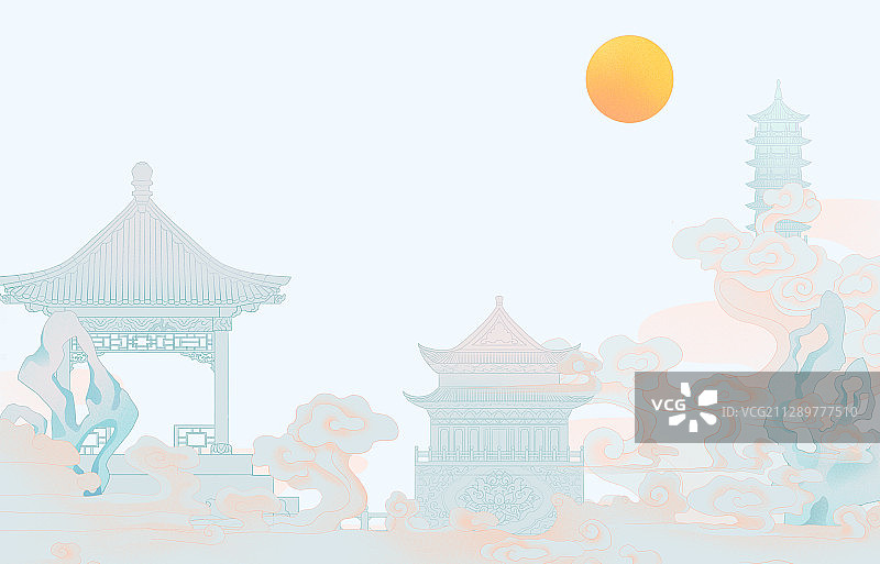 中秋节祥云月宫宫殿假山云雾国风插画图片素材