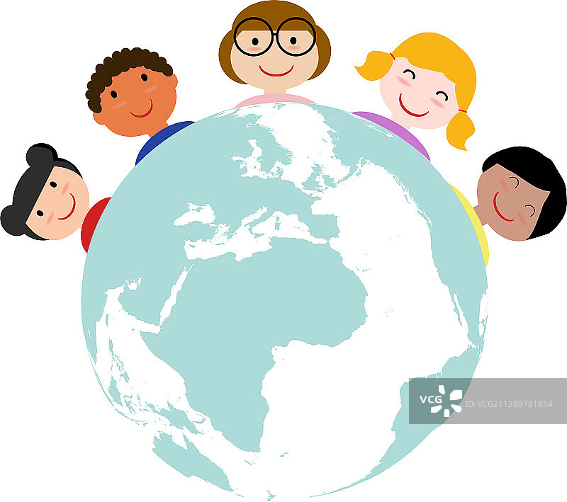 围绕地球周围的各国各种族儿童头像图片素材