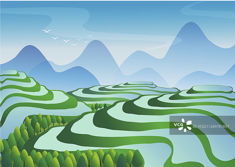 春天户外灌水的梯田与远山青烟图片素材