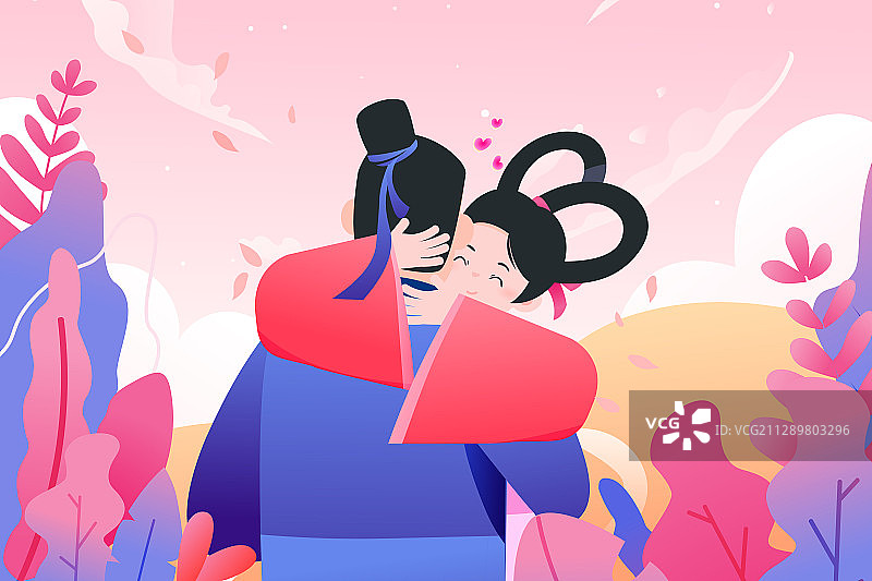 七夕节牛郎织女相会拥抱情人节礼物节日中国风矢量插画图片素材