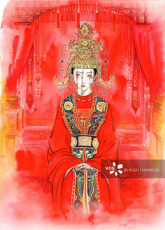 水彩手绘古装仕女：明代新娘图片素材