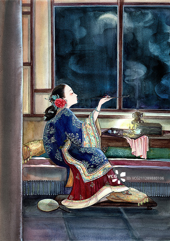 水彩手绘古装仕女：清代美人图片素材