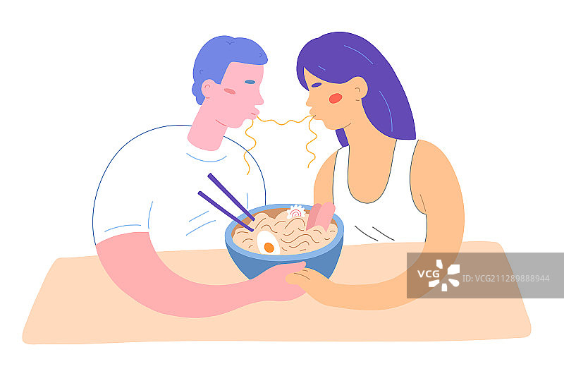 情侣吃拉面，面条接吻图片素材