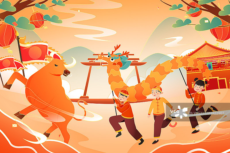 卡通新年快乐春节喜庆年俗传统节日年货节背景中国风矢量插画图片素材