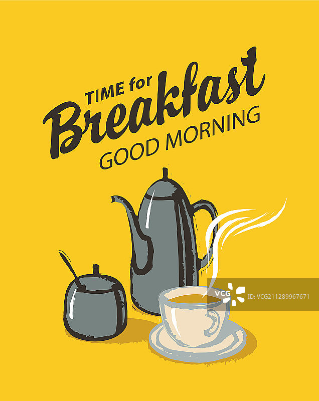 带有杯子和水壶或咖啡壶的早餐banner图片素材