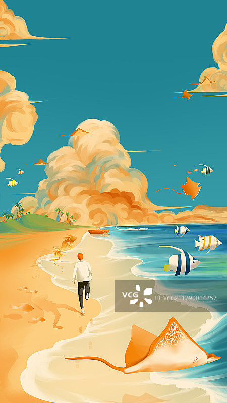 男孩奔跑在布满飞鱼的海边创意插画图片素材