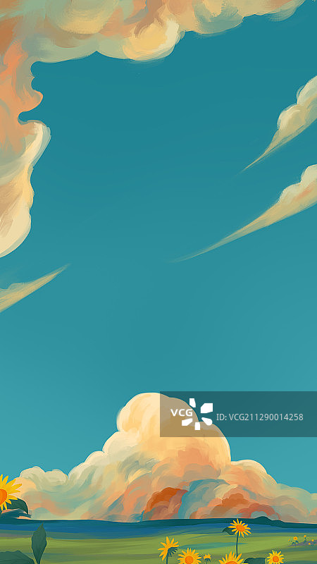 蓝天下有彩云和向日葵背景插画竖图图片素材