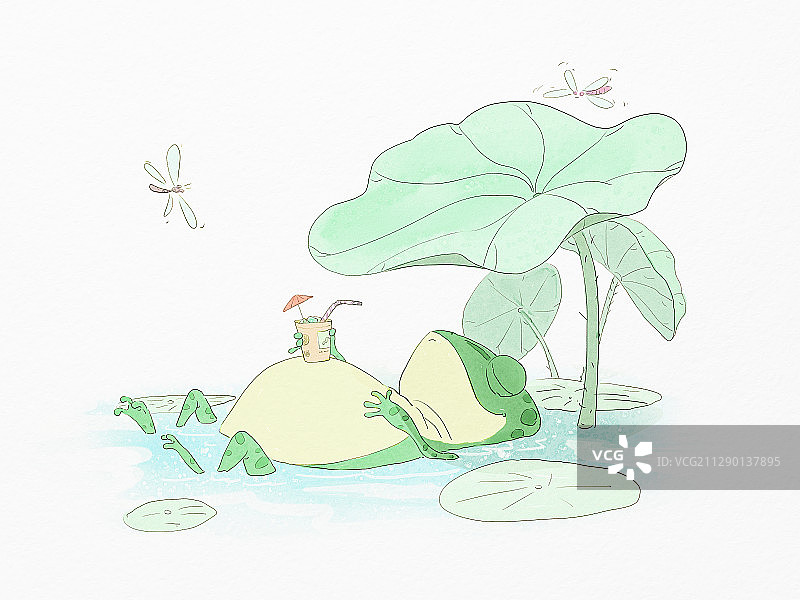 青蛙夏天睡觉乘凉休闲儿童插画图片素材