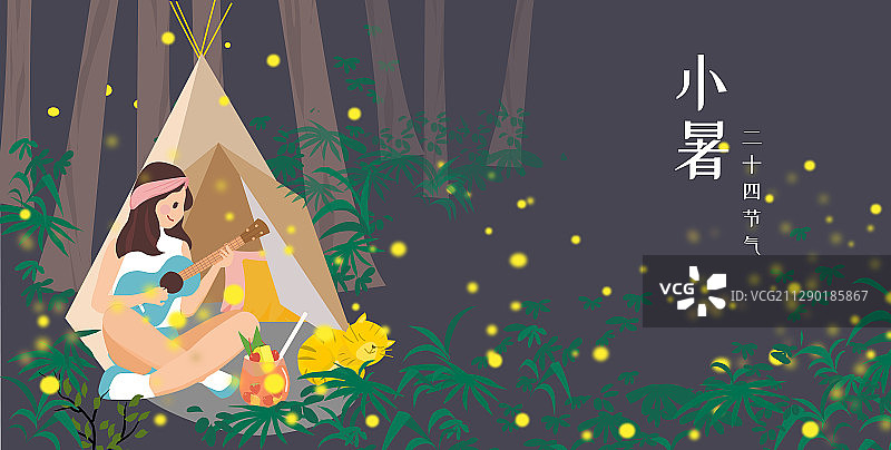 女孩弹着吉他在萤火虫的森林帐篷里露营图片素材