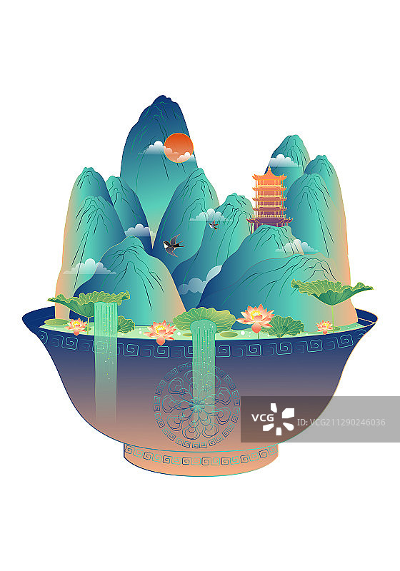 在碗里的中国风山水矢量插画图片素材