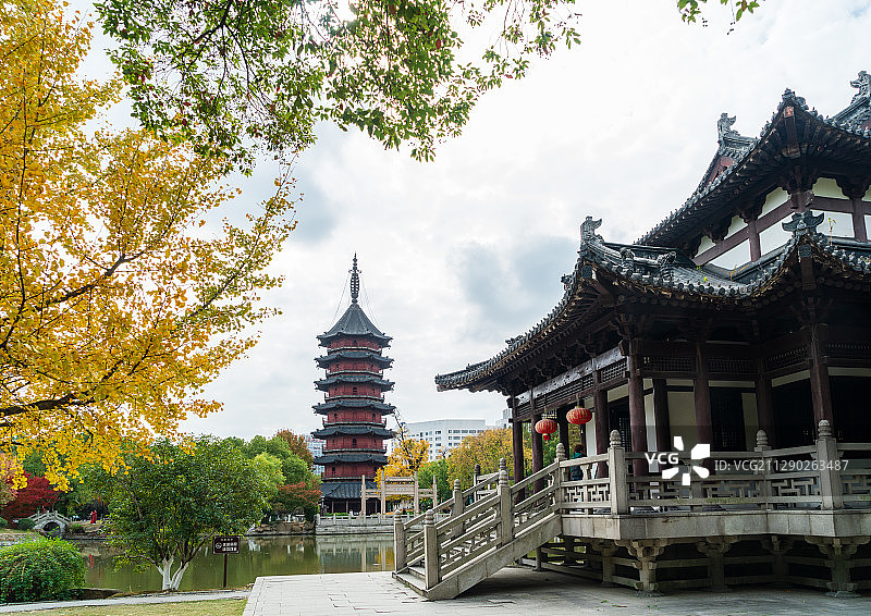 飞英塔公园塔楼阁树黄叶图片素材