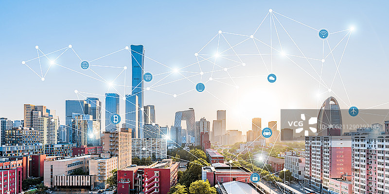 中国北京CBD天际线和5G城市互联概念图片素材