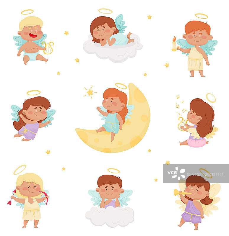 带光环和翅膀的可爱天使套装图片素材