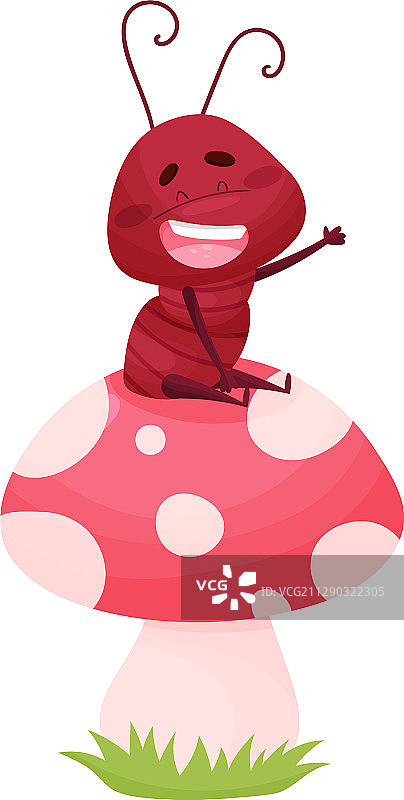 卡通蚂蚁坐在蘑菇上图片素材