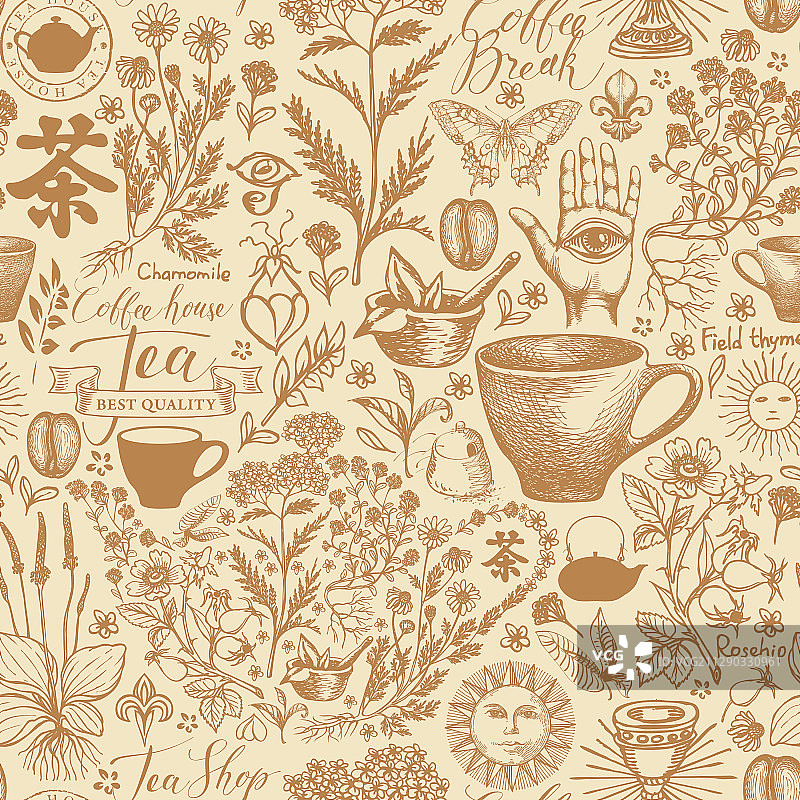 手绘茶主题无缝图案图片素材