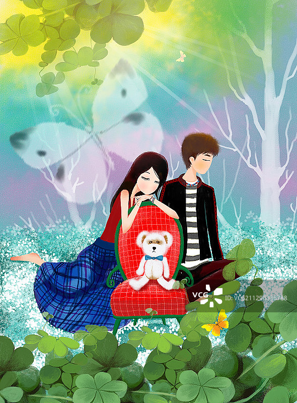唯美浪漫情侣时尚插画系列-坐在三叶草上的男生女生图片素材
