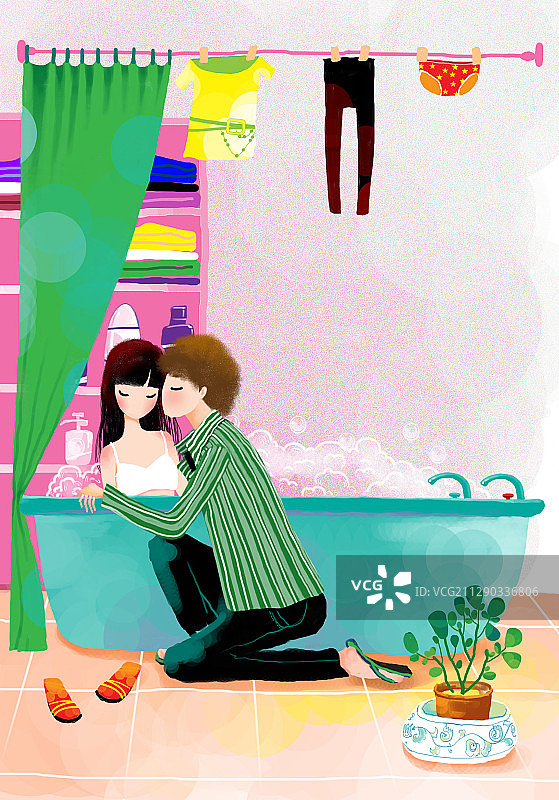 唯美浪漫情侣时尚插画系列-在浴室浴缸里泡澡图片素材