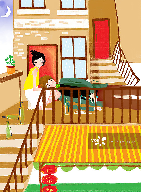 唯美浪漫情侣时尚插画系列-醉倒在楼道里的男人图片素材