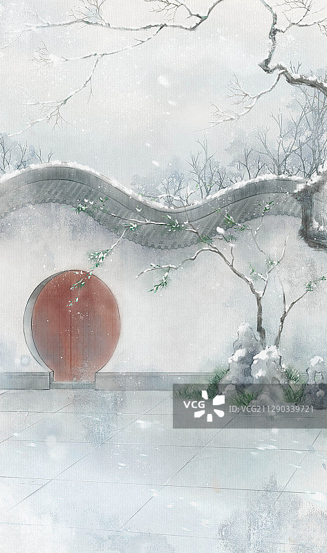 园林雪景中国风古风水墨水彩插图插画图片素材