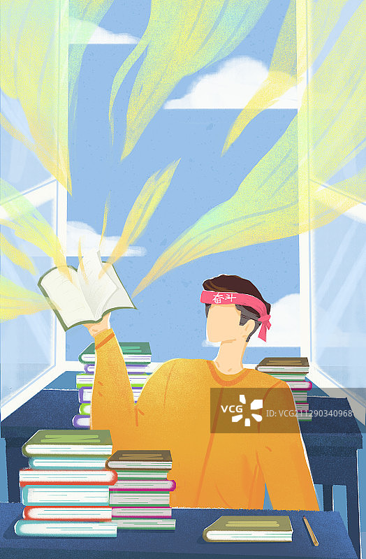 在堆满课本的课室里努力复习备战考试的学生图片素材