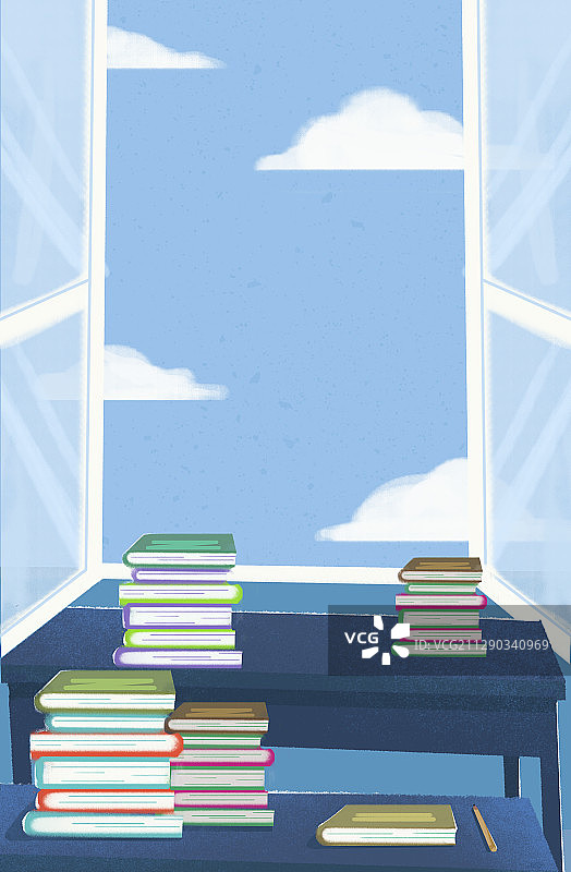 堆满书本的课室窗户外的白云图片素材