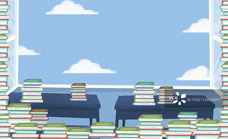 堆满书本的课室窗户外的白云图片素材