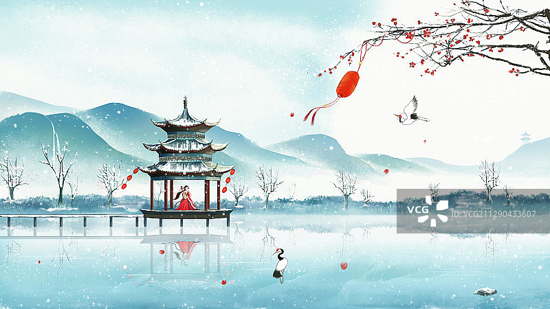 中国风雪天古亭飞鹤水墨画图片素材