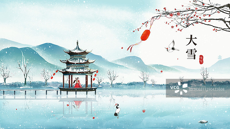 中国风雪天古亭飞鹤水墨画图片素材