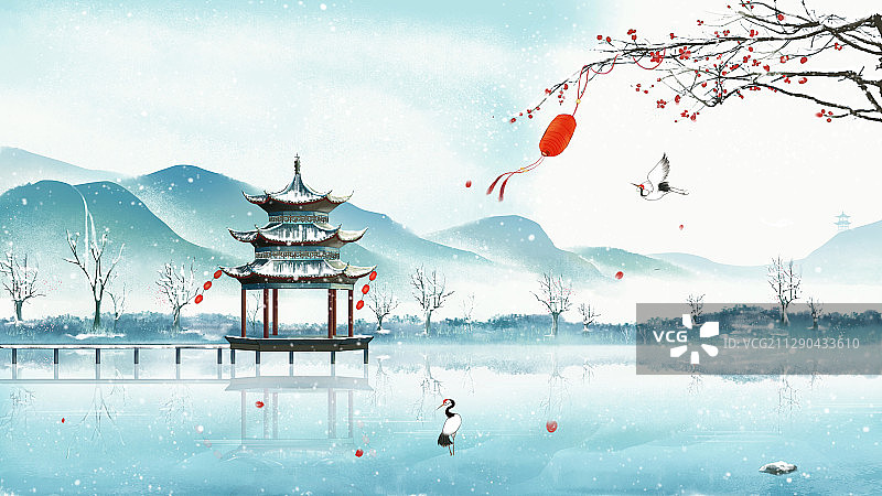 中国风雪天古亭飞鹤水墨画图片素材