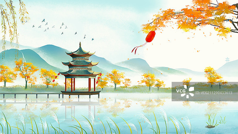 唯美秋天古亭芳草水墨画图片素材