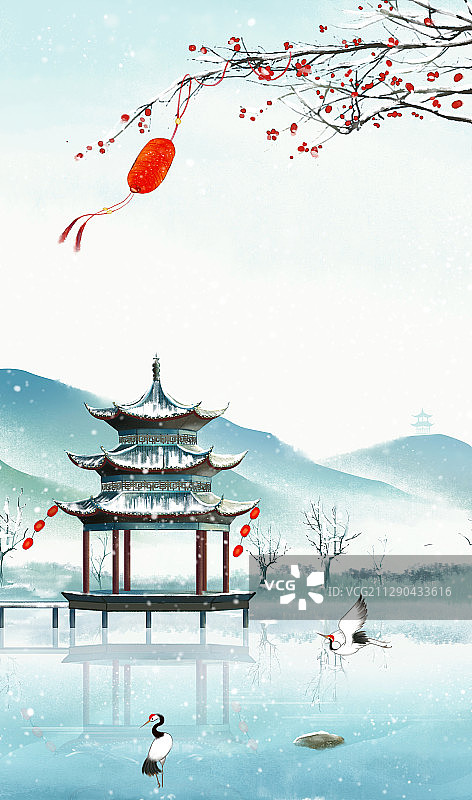 中国风雪天古亭飞鹤水墨画图片素材