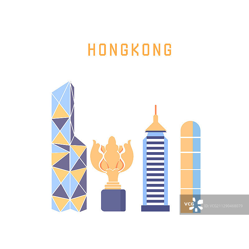 中国香港城市地标建筑群背景渐变商务出行特色印象标志性矢量插画图片素材