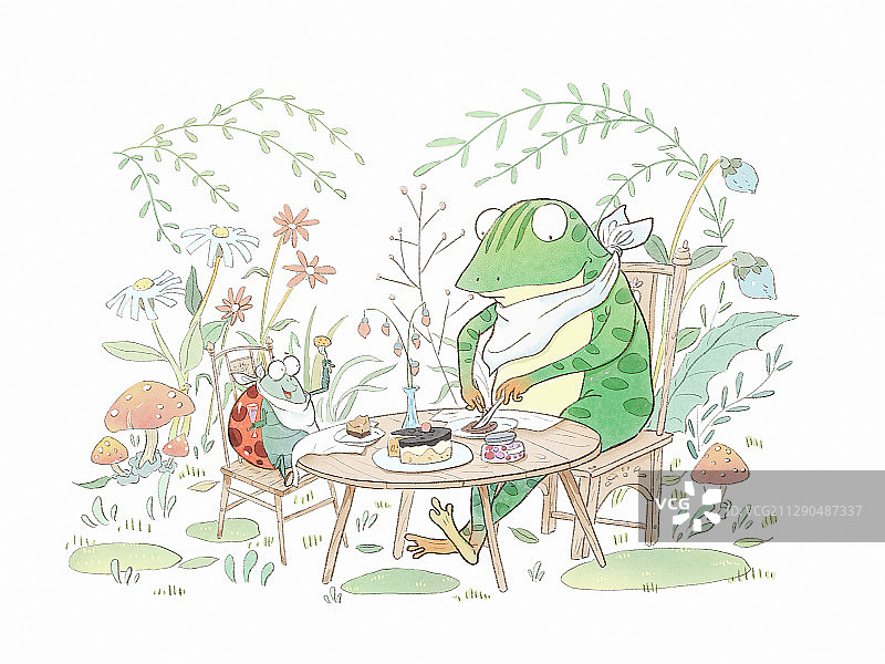 青蛙与瓢虫的野餐儿童插画图片素材