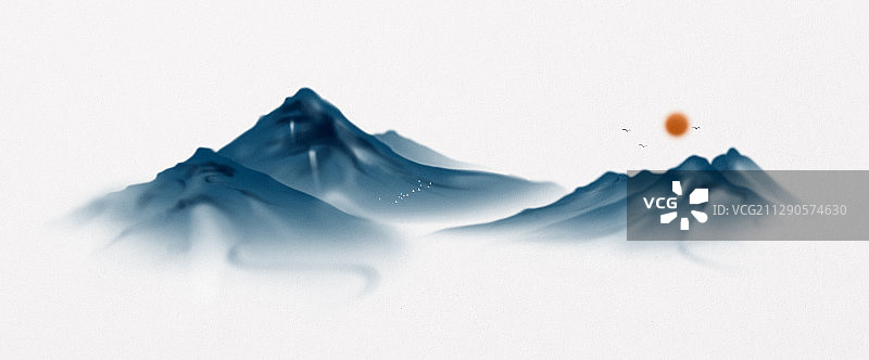 蓝色渐变水墨山水画新中式水墨画图片素材